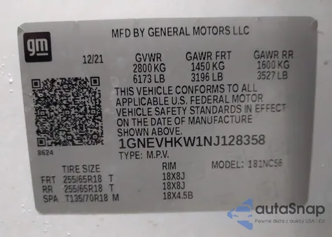 2022 Chevrolet Traverse Awd Lt Leather z USA, uszkodzony, nr VIN 1GNEVHKW1NJ128358